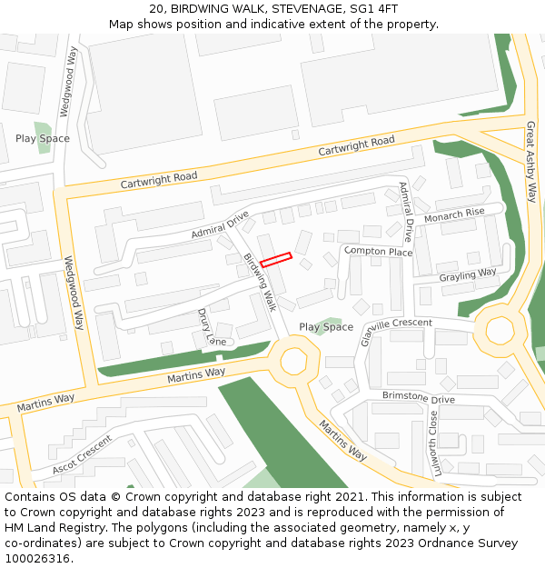 20, BIRDWING WALK, STEVENAGE, SG1 4FT: Location map and indicative extent of plot