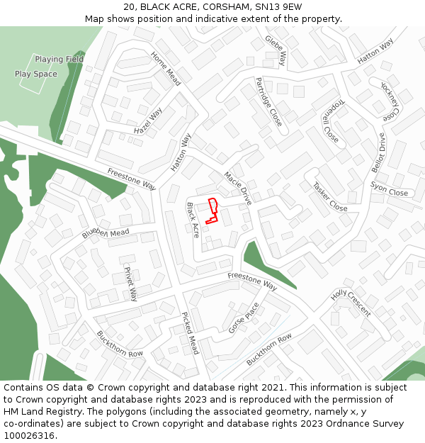 20, BLACK ACRE, CORSHAM, SN13 9EW: Location map and indicative extent of plot