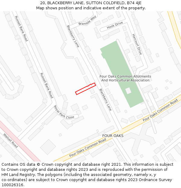 20, BLACKBERRY LANE, SUTTON COLDFIELD, B74 4JE: Location map and indicative extent of plot