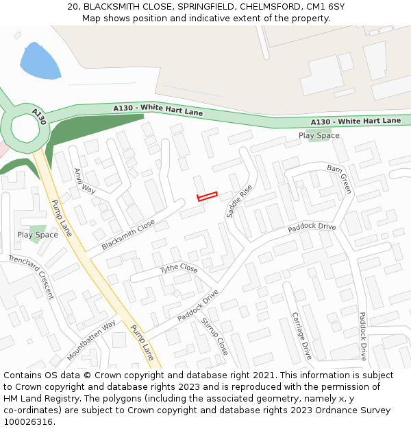 20, BLACKSMITH CLOSE, SPRINGFIELD, CHELMSFORD, CM1 6SY: Location map and indicative extent of plot