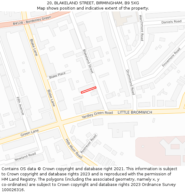 20, BLAKELAND STREET, BIRMINGHAM, B9 5XG: Location map and indicative extent of plot