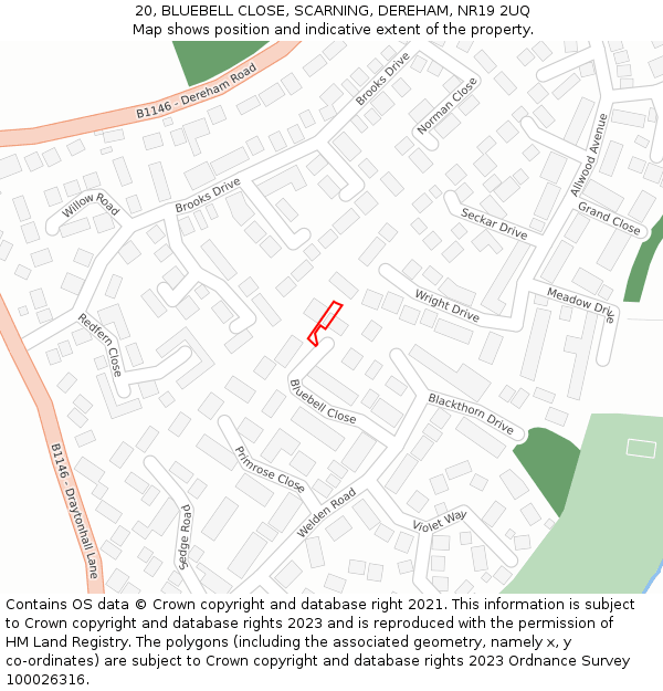 20, BLUEBELL CLOSE, SCARNING, DEREHAM, NR19 2UQ: Location map and indicative extent of plot