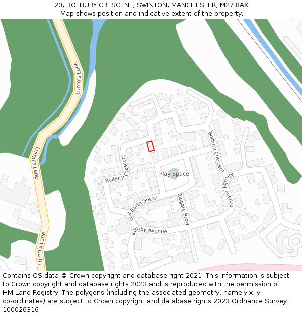 20, BOLBURY CRESCENT, SWINTON, MANCHESTER, M27 8AX: Location map and indicative extent of plot