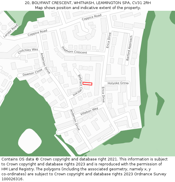 20, BOLYFANT CRESCENT, WHITNASH, LEAMINGTON SPA, CV31 2RH: Location map and indicative extent of plot