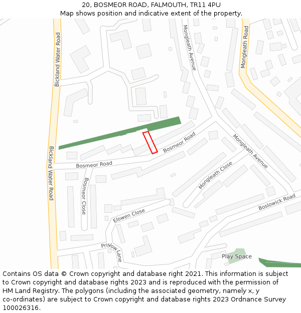 20, BOSMEOR ROAD, FALMOUTH, TR11 4PU: Location map and indicative extent of plot
