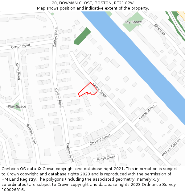 20, BOWMAN CLOSE, BOSTON, PE21 8PW: Location map and indicative extent of plot