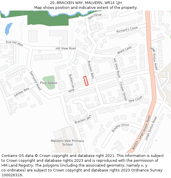 20, BRACKEN WAY, MALVERN, WR14 1JH: Location map and indicative extent of plot