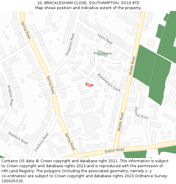 20, BRACKLESHAM CLOSE, SOUTHAMPTON, SO19 8TD: Location map and indicative extent of plot