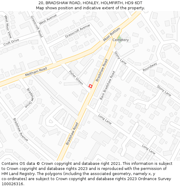 20, BRADSHAW ROAD, HONLEY, HOLMFIRTH, HD9 6DT: Location map and indicative extent of plot