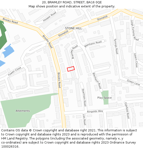 20, BRAMLEY ROAD, STREET, BA16 0QE: Location map and indicative extent of plot