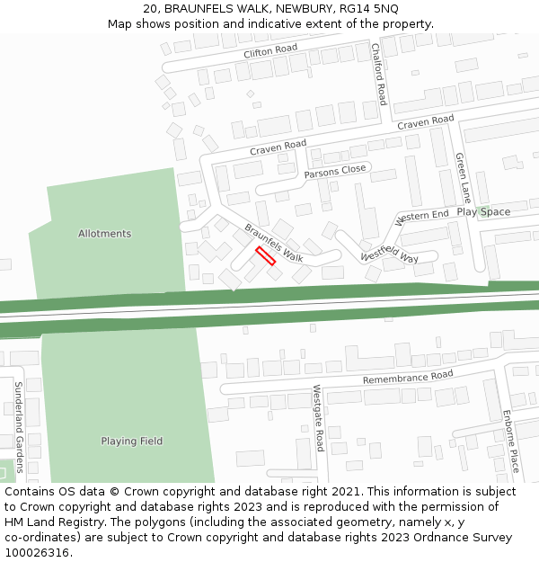 20, BRAUNFELS WALK, NEWBURY, RG14 5NQ: Location map and indicative extent of plot