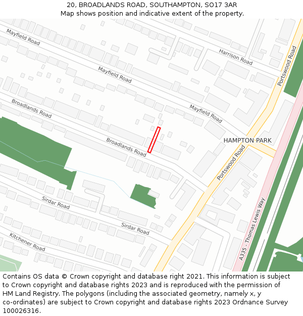 20, BROADLANDS ROAD, SOUTHAMPTON, SO17 3AR: Location map and indicative extent of plot