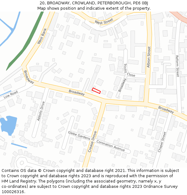 20, BROADWAY, CROWLAND, PETERBOROUGH, PE6 0BJ: Location map and indicative extent of plot