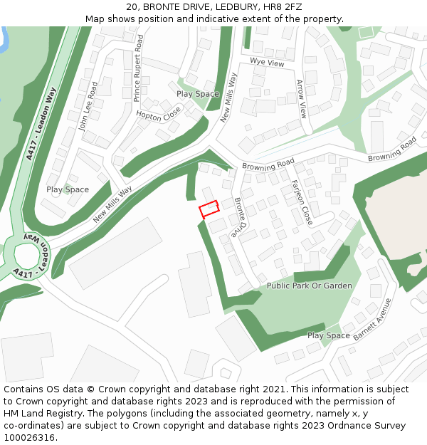 20, BRONTE DRIVE, LEDBURY, HR8 2FZ: Location map and indicative extent of plot