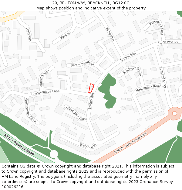 20, BRUTON WAY, BRACKNELL, RG12 0GJ: Location map and indicative extent of plot