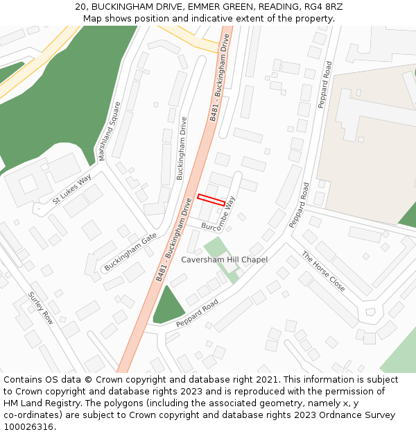 20, BUCKINGHAM DRIVE, EMMER GREEN, READING, RG4 8RZ: Location map and indicative extent of plot