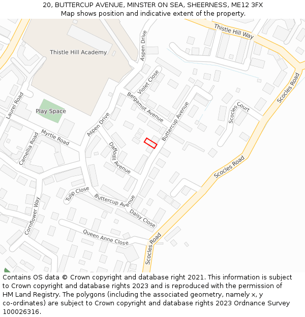 20, BUTTERCUP AVENUE, MINSTER ON SEA, SHEERNESS, ME12 3FX: Location map and indicative extent of plot