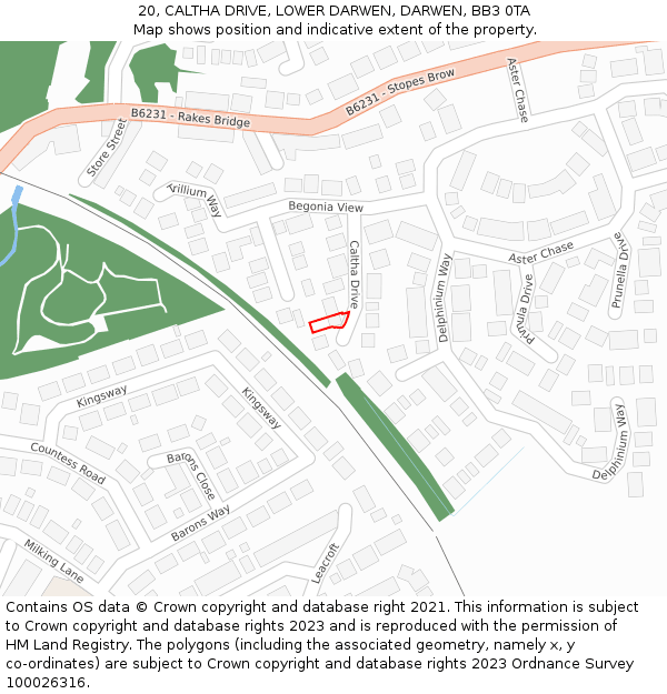 20, CALTHA DRIVE, LOWER DARWEN, DARWEN, BB3 0TA: Location map and indicative extent of plot