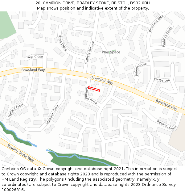 20, CAMPION DRIVE, BRADLEY STOKE, BRISTOL, BS32 0BH: Location map and indicative extent of plot
