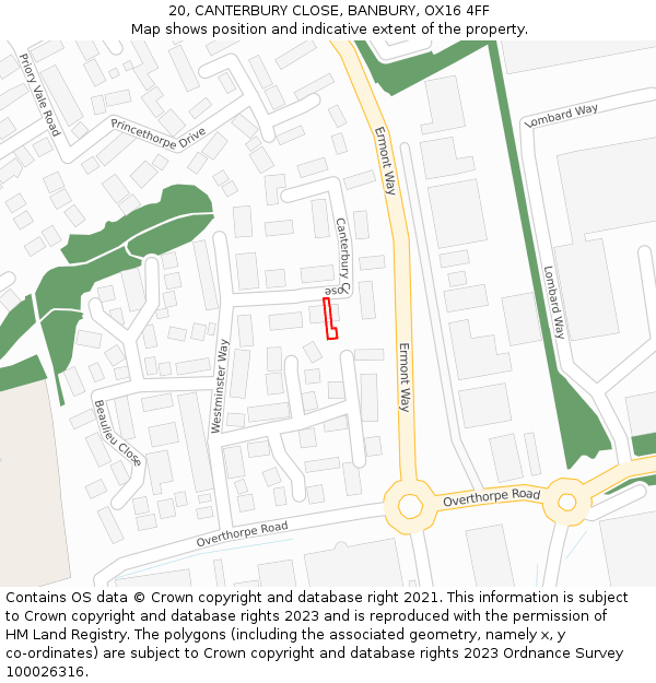 20, CANTERBURY CLOSE, BANBURY, OX16 4FF: Location map and indicative extent of plot