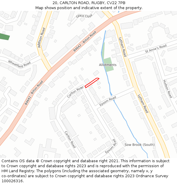20, CARLTON ROAD, RUGBY, CV22 7PB: Location map and indicative extent of plot