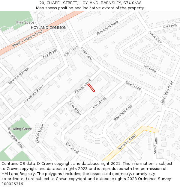 20, CHAPEL STREET, HOYLAND, BARNSLEY, S74 0NW: Location map and indicative extent of plot