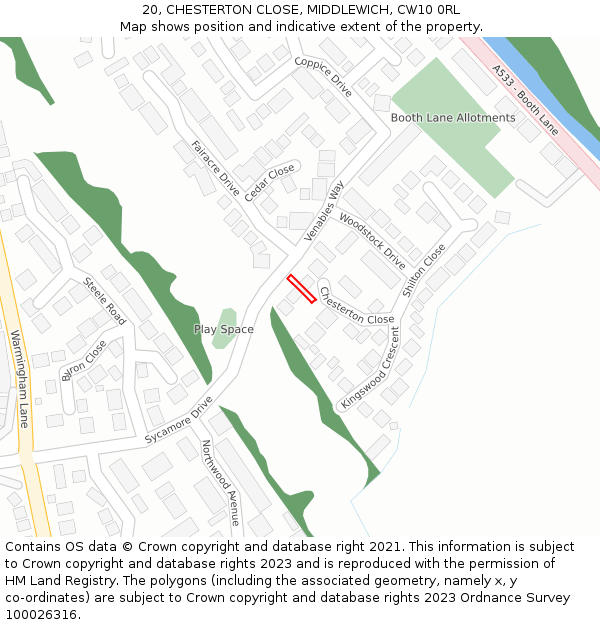 20, CHESTERTON CLOSE, MIDDLEWICH, CW10 0RL: Location map and indicative extent of plot