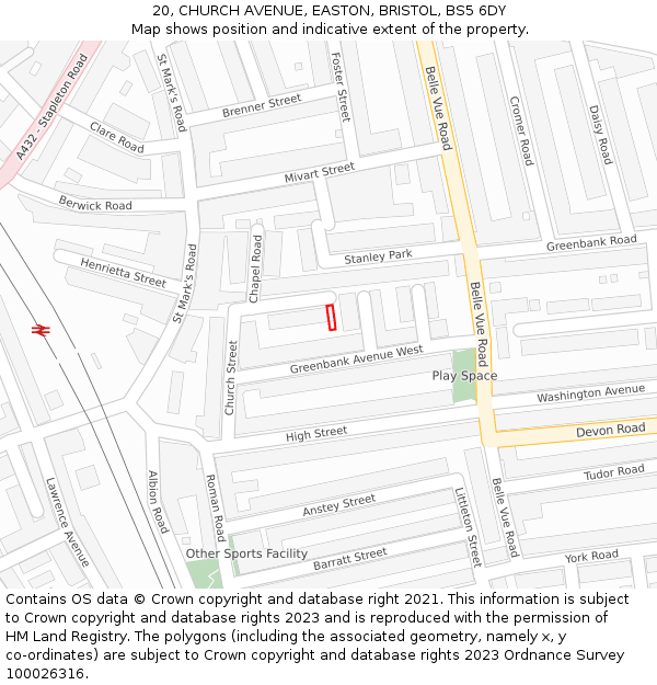 20, CHURCH AVENUE, EASTON, BRISTOL, BS5 6DY: Location map and indicative extent of plot