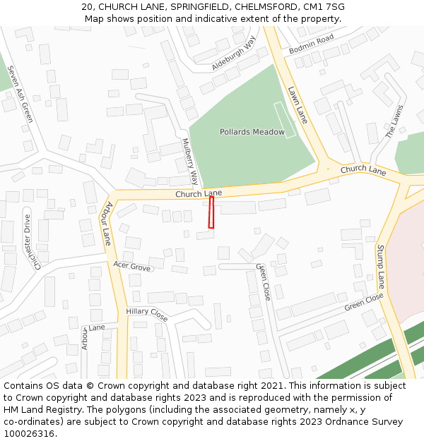 20, CHURCH LANE, SPRINGFIELD, CHELMSFORD, CM1 7SG: Location map and indicative extent of plot