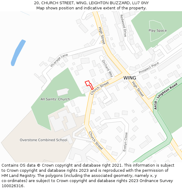 20, CHURCH STREET, WING, LEIGHTON BUZZARD, LU7 0NY: Location map and indicative extent of plot