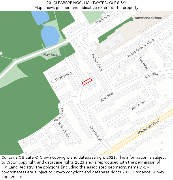 20, CLEARSPRINGS, LIGHTWATER, GU18 5YL: Location map and indicative extent of plot