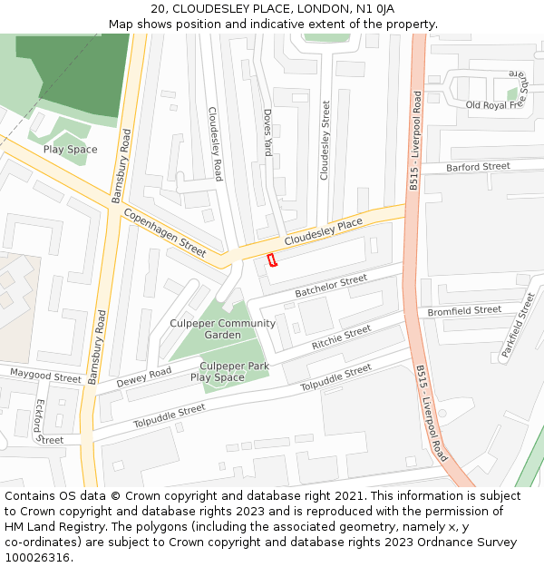 20, CLOUDESLEY PLACE, LONDON, N1 0JA: Location map and indicative extent of plot