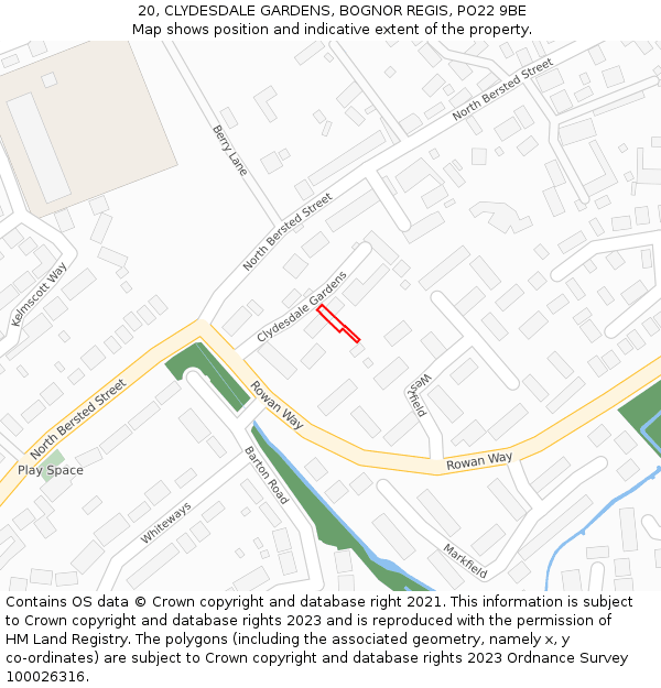 20, CLYDESDALE GARDENS, BOGNOR REGIS, PO22 9BE: Location map and indicative extent of plot