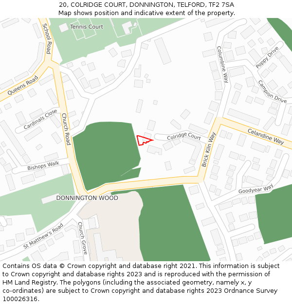 20, COLRIDGE COURT, DONNINGTON, TELFORD, TF2 7SA: Location map and indicative extent of plot