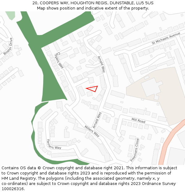 20, COOPERS WAY, HOUGHTON REGIS, DUNSTABLE, LU5 5US: Location map and indicative extent of plot
