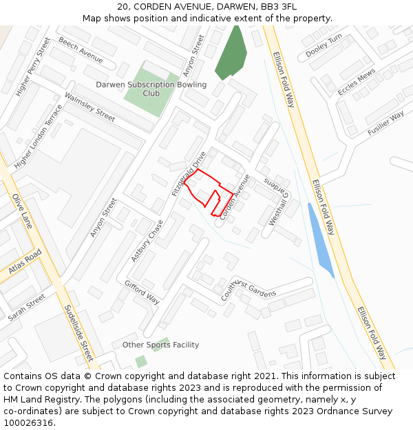20, CORDEN AVENUE, DARWEN, BB3 3FL: Location map and indicative extent of plot