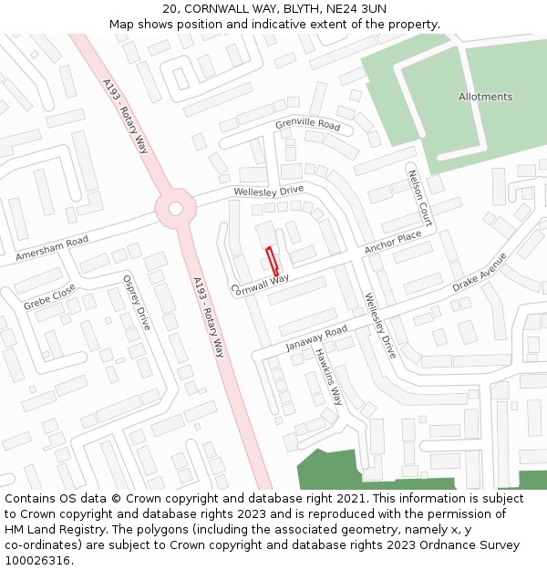 20, CORNWALL WAY, BLYTH, NE24 3UN: Location map and indicative extent of plot