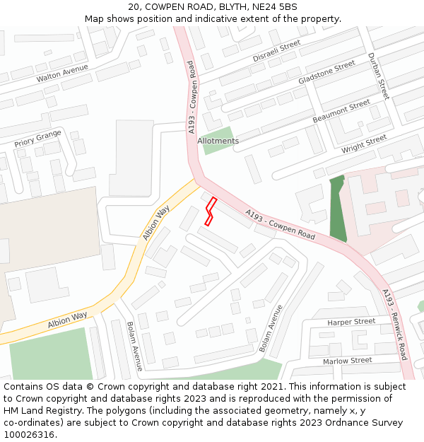 20, COWPEN ROAD, BLYTH, NE24 5BS: Location map and indicative extent of plot