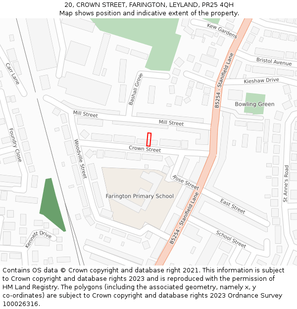 20, CROWN STREET, FARINGTON, LEYLAND, PR25 4QH: Location map and indicative extent of plot