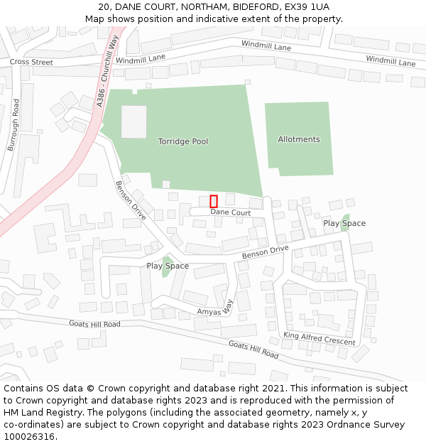 20, DANE COURT, NORTHAM, BIDEFORD, EX39 1UA: Location map and indicative extent of plot