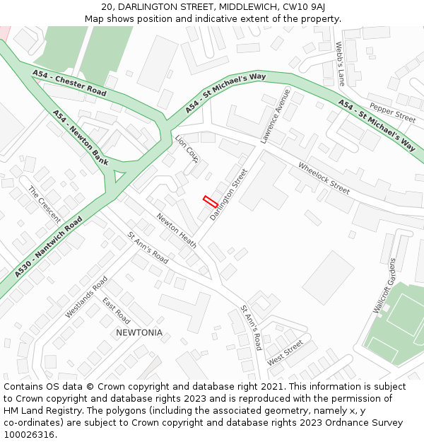 20, DARLINGTON STREET, MIDDLEWICH, CW10 9AJ: Location map and indicative extent of plot
