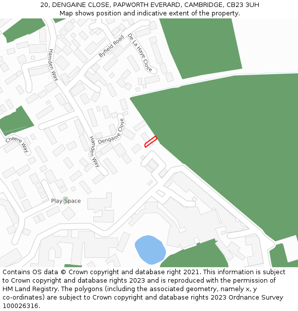 20, DENGAINE CLOSE, PAPWORTH EVERARD, CAMBRIDGE, CB23 3UH: Location map and indicative extent of plot