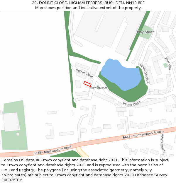20, DONNE CLOSE, HIGHAM FERRERS, RUSHDEN, NN10 8PF: Location map and indicative extent of plot