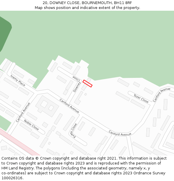 20, DOWNEY CLOSE, BOURNEMOUTH, BH11 8RF: Location map and indicative extent of plot
