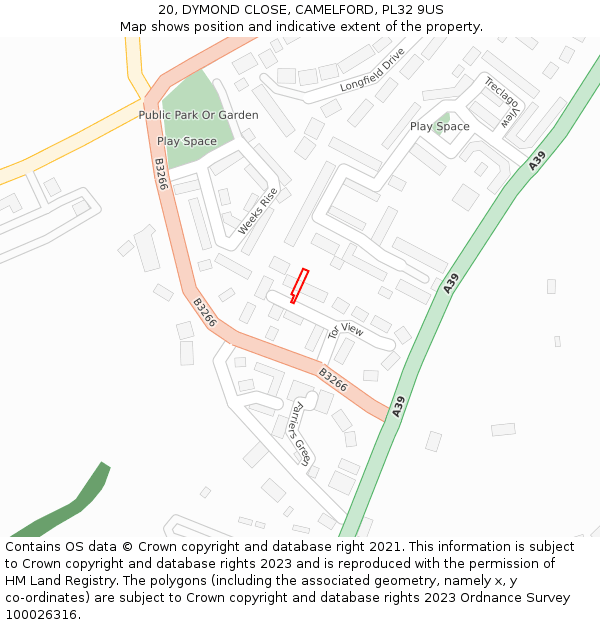20, DYMOND CLOSE, CAMELFORD, PL32 9US: Location map and indicative extent of plot