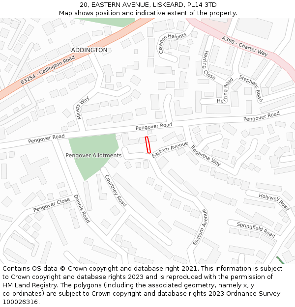 20, EASTERN AVENUE, LISKEARD, PL14 3TD: Location map and indicative extent of plot
