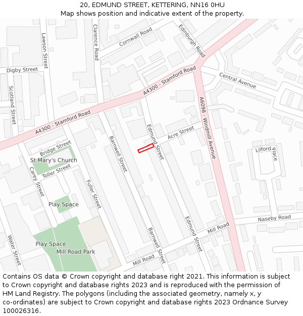 20, EDMUND STREET, KETTERING, NN16 0HU: Location map and indicative extent of plot
