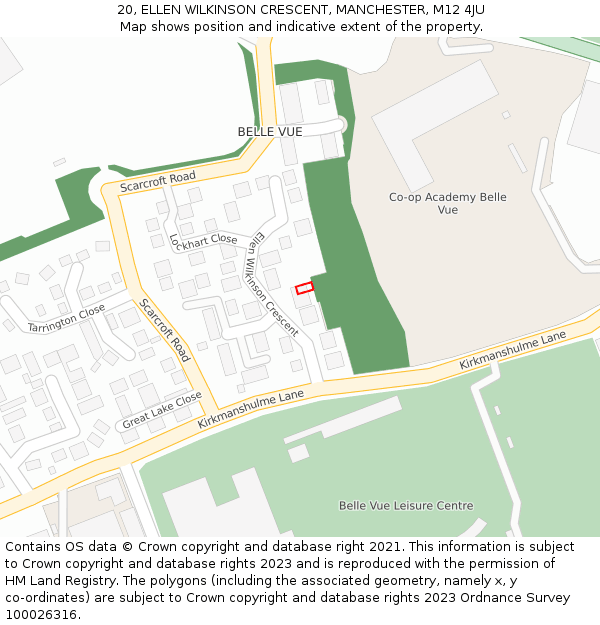 20, ELLEN WILKINSON CRESCENT, MANCHESTER, M12 4JU: Location map and indicative extent of plot
