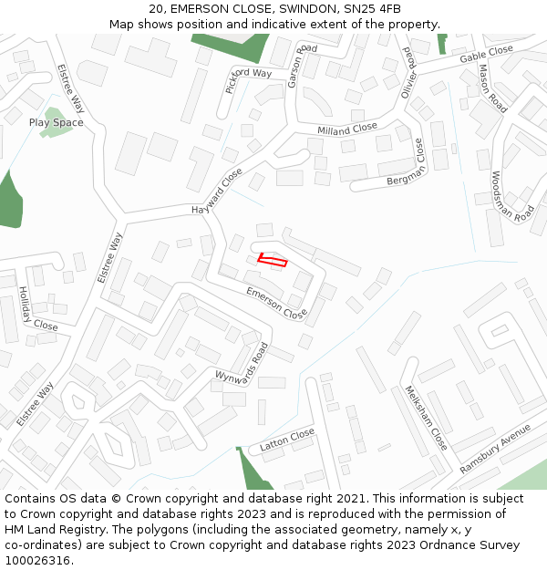20, EMERSON CLOSE, SWINDON, SN25 4FB: Location map and indicative extent of plot