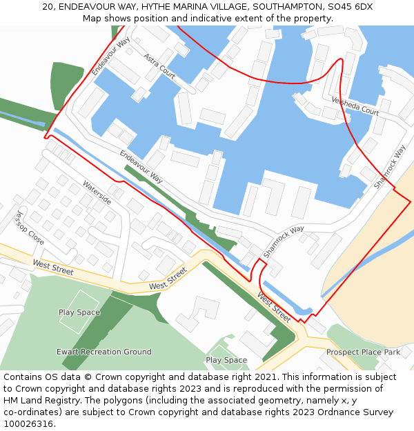 20, ENDEAVOUR WAY, HYTHE MARINA VILLAGE, SOUTHAMPTON, SO45 6DX: Location map and indicative extent of plot